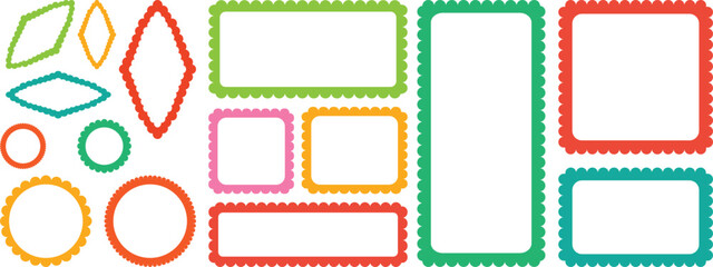 Zig zag wavy edge rectangle frame or border shapes set. Vector jagged geometric rectangular. Abstract elements for template, stickers, promo material, web or social media design. Set of Wavy squiggly