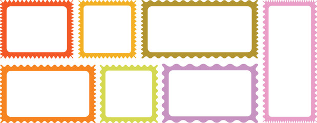 Set of rectangle frames with wavy edges. Outline Rectangle frames with wavy edges set. Zigzag wavy edges, rectangles, photo frames, text boxes, tags, labels. Rectangular curved line shapes