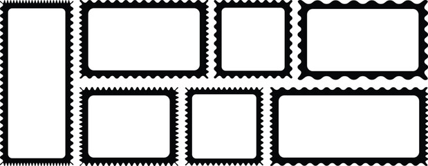 Set of rectangle frames with wavy edges. Zigzag wavy edges, rectangles, photo frames, text boxes, tags, labels. Outline Rectangle frames with wavy edges set. Rectangular curved line shapes