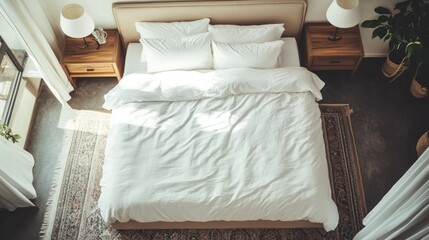 A luxurious master bedroom with crisp white linens, a beige bed frame, and modern bedside lamps, top-down view.