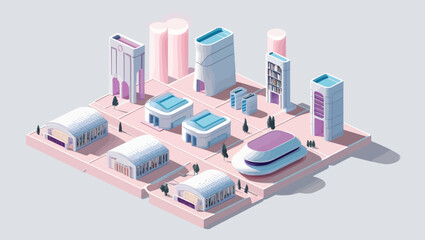 Obraz premium Isometric futuristic city with pink and white architecture on light grey