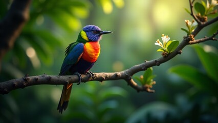 Obraz premium A colorful exotic bird perched on a branch in a tropical forest, illuminated by sunlight filtering through the foliage.