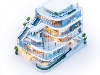 Fototapeta premium Modern Architectural Design: A Stunning Isometric View of a Multi-Story Building with Glass Facades and Outdoor Terraces.