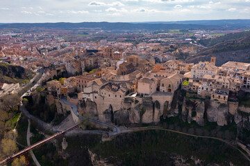 Obraz premium View from drone of old hanging houses of Cuenca city, capital of Cuenca province in east-central Spain