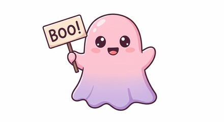 Obraz premium Adorable Pink Ghost Cartoon Character Holding Boo Sign Halloween Illustration Cute Spirit