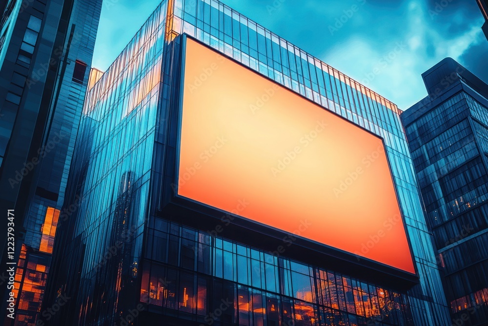 Poster modern skyscraper dusk reflections empty billboard illuminated windows urban architecture