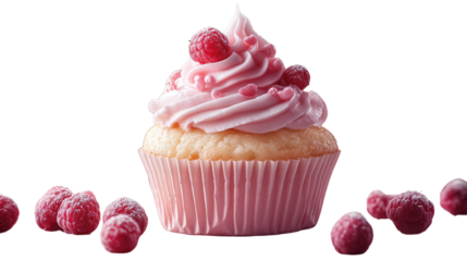 Pink Raspberry Cupcake Delight: A delectable pink cupcake, adorned with swirls of pink frosting and fresh raspberries, sits invitingly, surrounded by sugared raspberries.