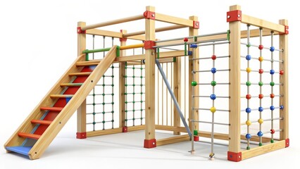 Wooden Children's Play Structure with Climbing Wall and Slide