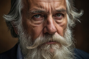 An older man, a long white beard and moustache, he has a stern expression, giving the impression of a wise and experienced individual