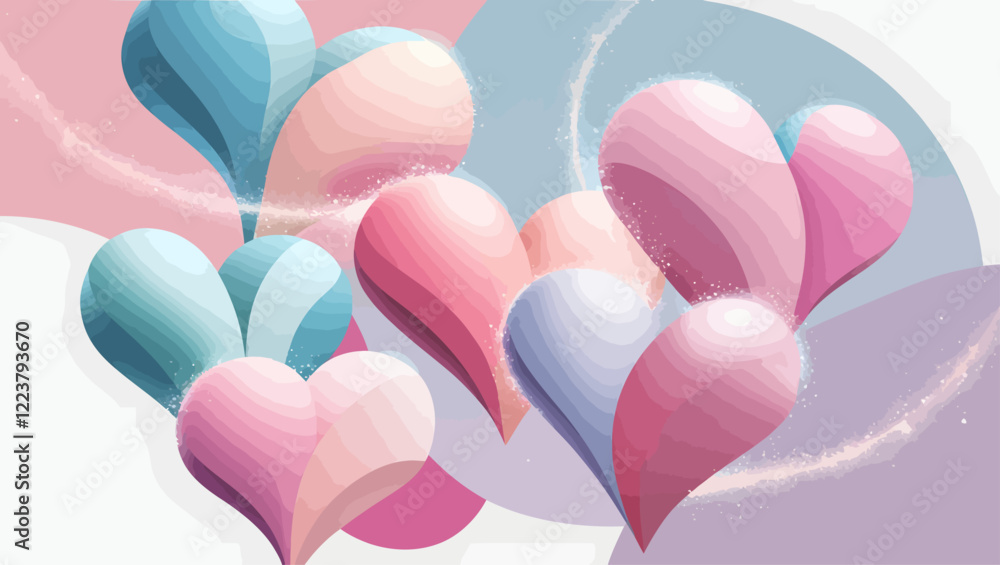 Poster pastel heart shapes floating on abstract background with sparkles