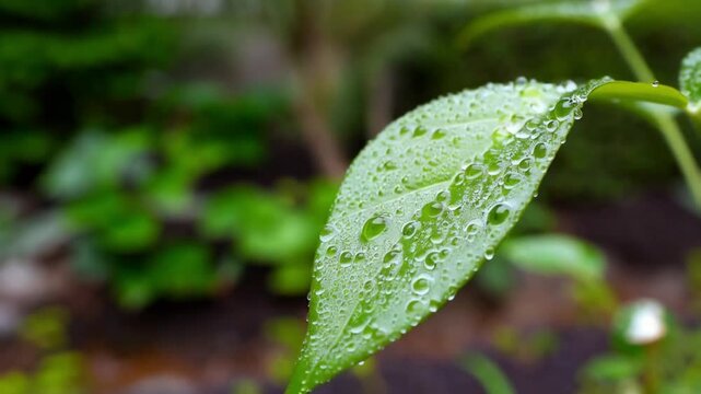 Concept of skincare, rejuvenation, moisturisation, plastic surgery, pure organic plant, vitamins minerals extraction from plants. Extra macro of water drops on a benefaction plant leaf in slow motion