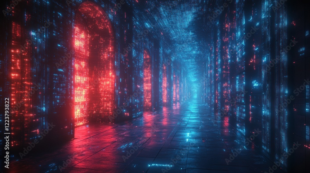 Poster futuristic data storage and ai enhanced document analysis in cyberpunk style