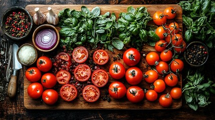 Fresh tomatoes, basil, garlic, and spices on a wooden board.  Recipe preparation, overhead view