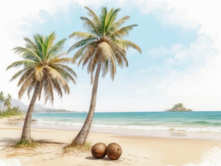 A digital artwork of two palm trees with coconuts on a beach on hand drawing watercolor style in a white solid background