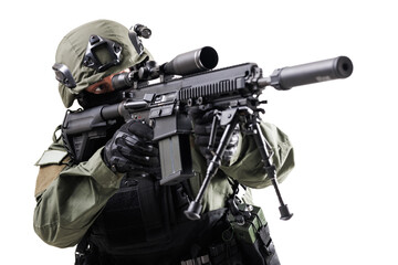 Tactical Soldier in Combat Gear Aiming a Rifle During a Mission