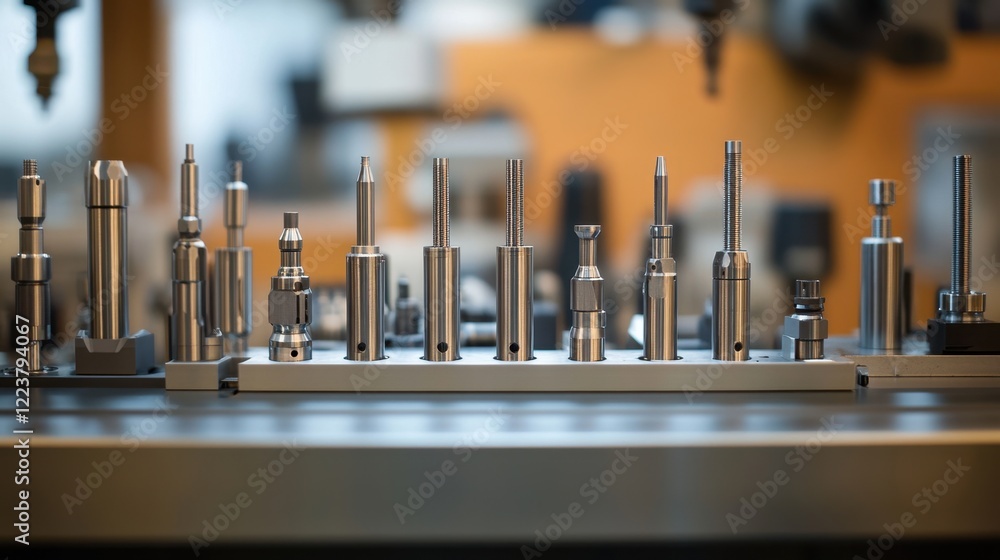Poster a detailed view of cnc drill bits aligned on a machine tool rack.
