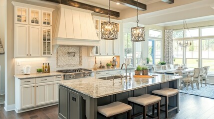 Fototapeta premium A modern kitchen with an island featuring an integrated sink and decorative pendant lights.