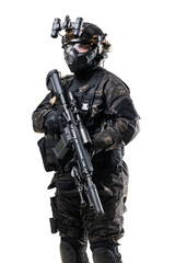 A tactical soldier in modern gear holding an automatic rifle and wearing a helmet with advanced optics