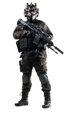 Tactical Soldier in Full Combat Gear Holding Firearm on Isolated White Background