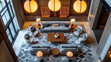 A modern living room with plush gray furniture, geometric patterns, and sleek lighting elements, seen from a top perspective.
