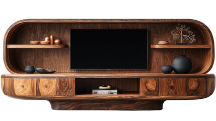 Modern Walnut Entertainment Unit:  An elegant and contemporary entertainment unit crafted from rich walnut wood features a unique curved design, open shelving, and ample storage space.