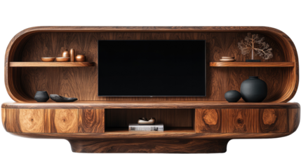 Modern Walnut Entertainment Unit:  An elegant and contemporary entertainment unit crafted from rich walnut wood features a unique curved design, open shelving, and ample storage space.