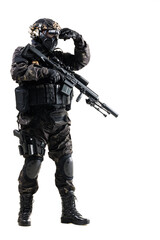 Fully equipped tactical soldier with weapon in army gear aiming