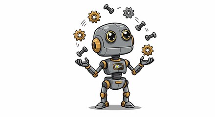 Fototapeta premium Adorable Robot Juggling Gears and Bolts Cute Cartoon Character Illustration