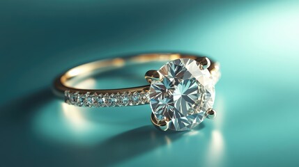 A radiant diamond ring with a gold pave band, styled on a soft blue background.