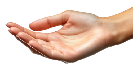 Open Hand Gesture: A close-up image of an open hand, palm facing up, with fingers slightly curled. The hand is well-lit and appears soft and welcoming, ready to receive, offer.
