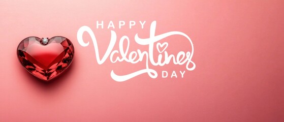 Happy Valentines Day greeting with red heartshaped gemstone and diamond ring on pink background Concept of love, romance, and celebration