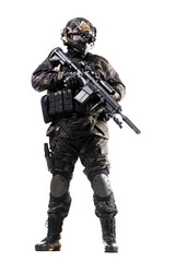 Special forces soldier in tactical gear with a rifle standing against a white background