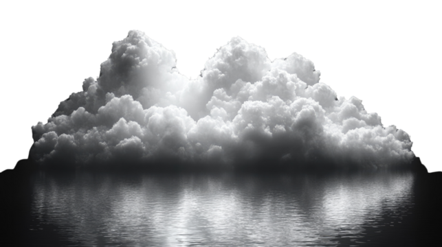 Dark Cloud over Water: A dramatic, monochrome image of a large, brooding cumulus cloud dramatically reflected in still water, creating a powerful and moody atmosphere. 