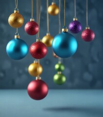 Fototapeta premium Colorful Christmas ornaments suspended from a blue background, blue, holiday, string