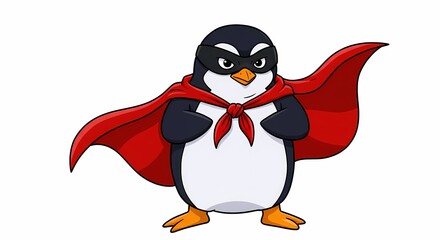 Obraz premium Super Penguin Cartoon Character in Red Cape Masked Hero Illustration