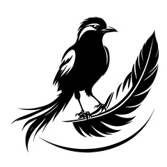 Obraz premium Majestic Bird Silhouette on a Single Feather: Elegant Black and White Animal Vector Art