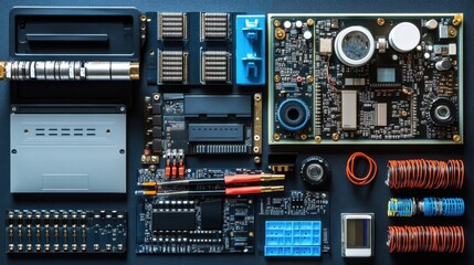 A flat lay of PLC programming tools, manuals, and a laptop with programming software.