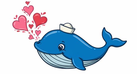 Obraz premium Adorable Cartoon Whale Sailor Blowing Hearts Valentine s Day Cute Animal Illustration