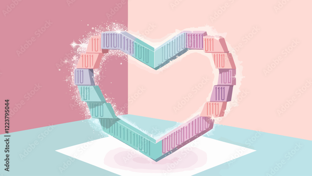 Poster pixel heart shape with binary code on abstract pink background