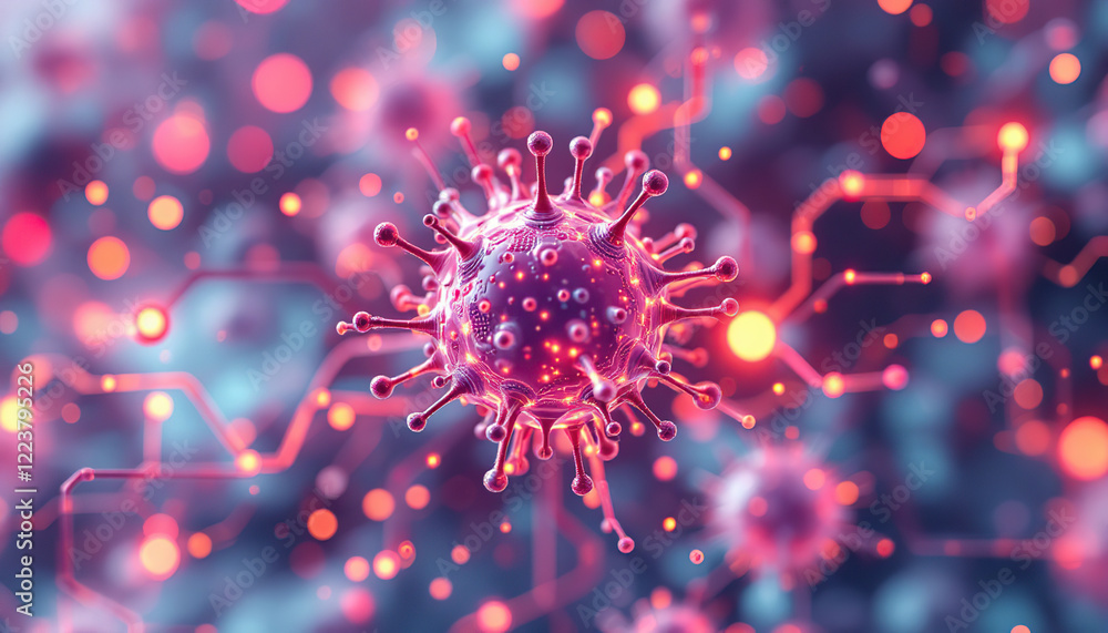 Poster microscopic view of a virus particle in red hues