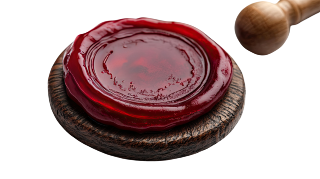 Red Wax Seal & Stamp: A close-up of a freshly pressed red wax seal on a wooden base with a wooden stamp beside it. The rich crimson hue and the intricate details of the seal symbolize authenticity.