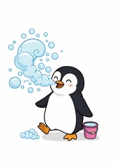 Fototapeta premium Adorable Penguin Blowing Bubbles Cute Cartoon Character Winter Animal Illustration