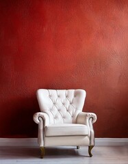 An elegant white leather armchair positioned against a red stucco-painted wall the background.