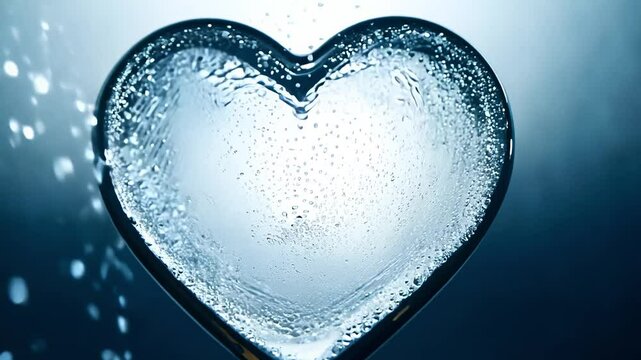 Dolly in video, sparkling heart materializing from the condensation on a cold glass, tiny droplets gather to form the shape, bounce light