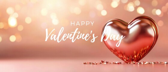 Happy Valentines Day greeting with a shiny rose gold heart and confetti on a soft pink background with bokeh lights Perfect for Valentines Day, love, and romance themes