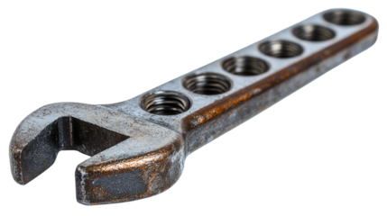 Wrench with Multiple Screw Holes: Close-up of a unique wrench featuring multiple screw holes along its shaft, showcasing its intricate design and potentially specialized use.