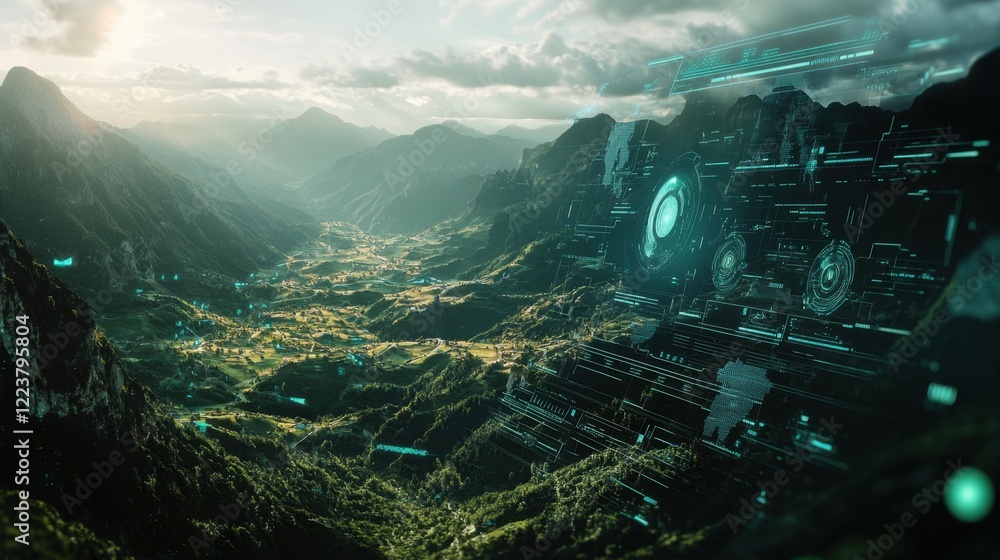 Aufkleber a futuristic design of ai in environmental monitoring with glowing graphs and landscapes.