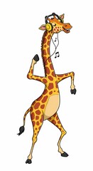 Naklejka premium Happy Giraffe Dancing with Headphones Enjoying Music Cartoon Illustration