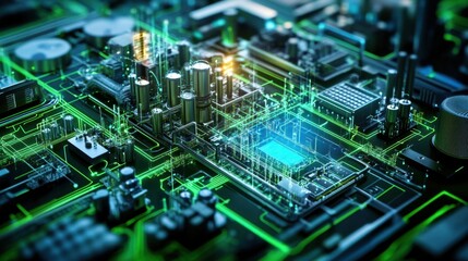 A futuristic industrial control system with PLC units glowing and connected to devices.