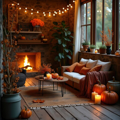 A eye-catching home decor photos for halloween with a bohemian twist with simple yet captivating decor, blending earthy tones, natural materials, and cosy textures, all with a spooky, autumn vibe